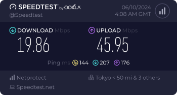 Speedtest.net result. Ping/Download/Upload: 144/19.86/45.95